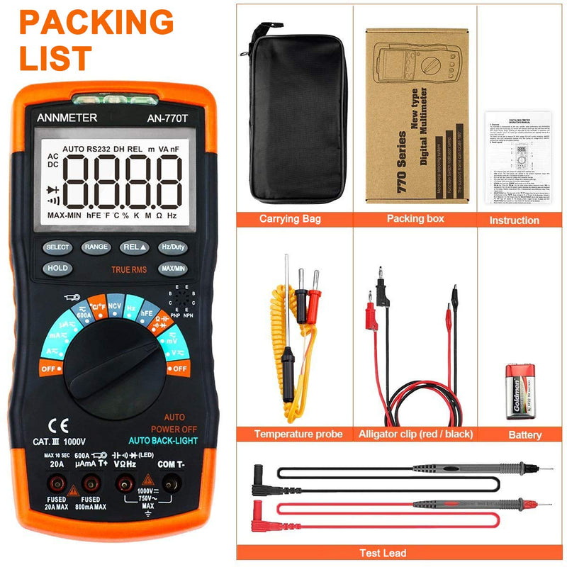 AIOMEST AN-770T Digital Multimeter Auto-Ranging 6000 Counts Multimeter, Voltage/Current/Resistance Meter, Measures Capacitor Temperature and Diode, TRMS DMM with Data Hold, NCV and Backlight Auto-ranging AI-770T