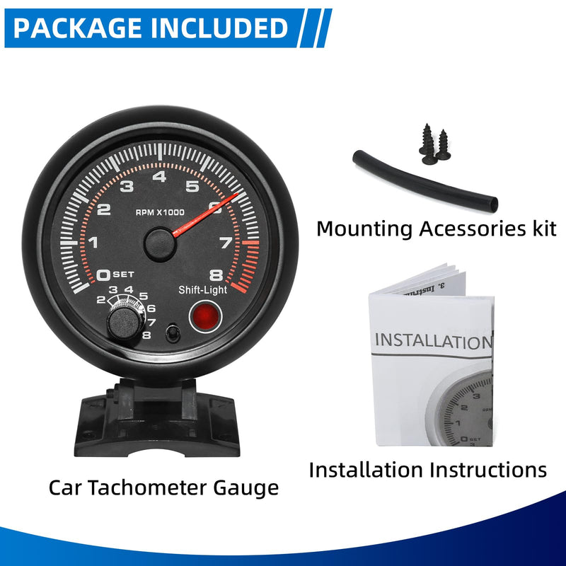 3.75 inch (95mm) Tachometer with Shift Light, 8000 RPM Gauge, 5-Level Adjustable Brightness Backlight Tach for 12V AUTO