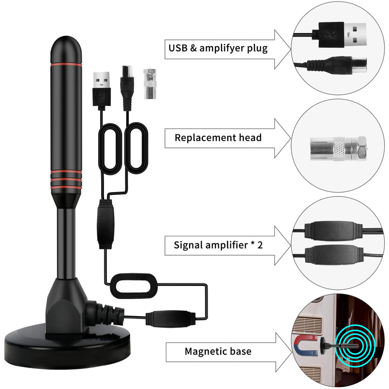 Indoor TV Antenna with 2 Signal Boosters & 32FT Cable – Digital Antenna for Smart TV, Magnetic Base, Supports 4K 1080p – Dual Amplifiers for Long Range Reception of Local Channels (Red) Red