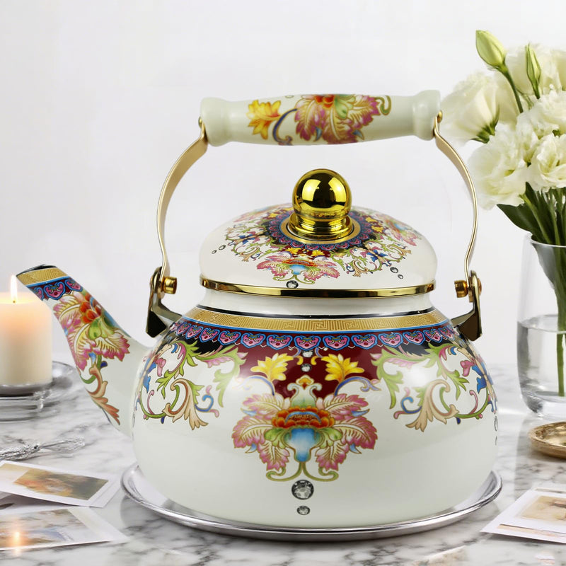 2.5L Floral Enamel Tea Kettle with Ceramic Handle, Stovetop Teapot - Lead-Free, No Whistle, Ideal Gift for Tea Lovers, Used for Drinking Tea in Camping Courtyards