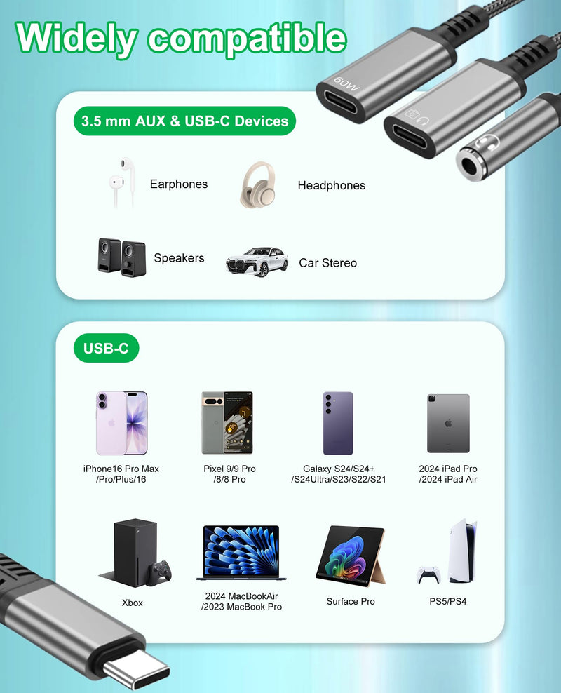 3 in 1 USB C Headphone Splitter Headphone Adapter with 60W Charging and Data, USB-C to 3.5mm Headphone & Dual USB C Splitter, PD Fast Charging/Data/Music/Calling for iPhone 17/16/15, iPad, MacBook