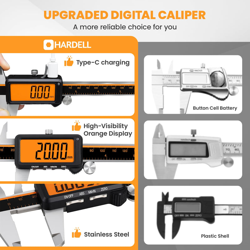 HARDELL Digital Caliper, Rechargeable Calipers with Large Orange Screen, Anti-Glare LCD & ABS Function, in/MM Caliper Measuring Tool, Stainless Steel Micrometer -Auto Off for DIY/Household (6 Inch)