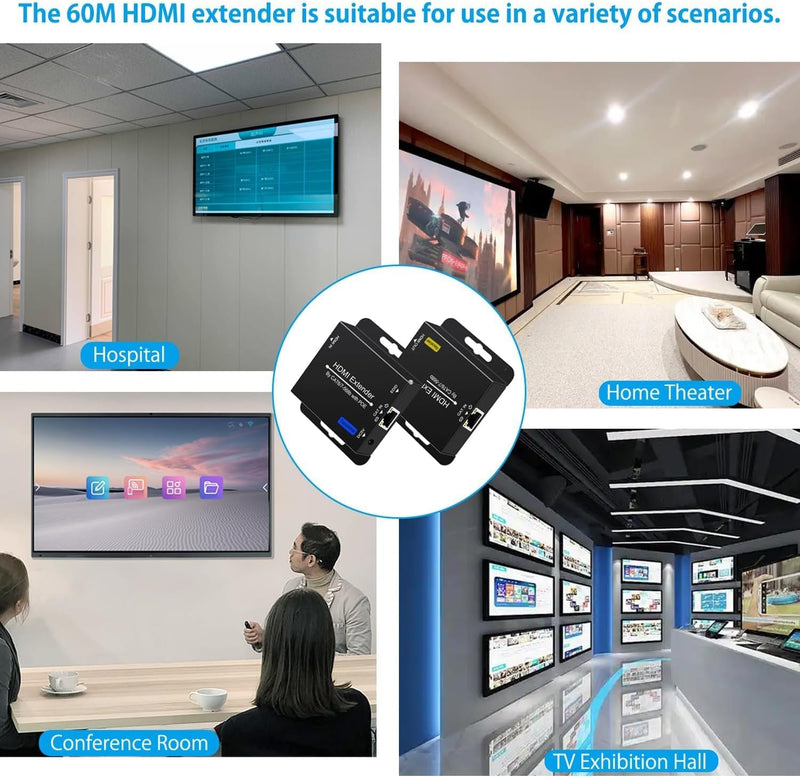 200ft HDMI Extender Over CAT6 CAT7 RJ45 Ethernet to HDMI Converter LAN Extension POC Support 1080P 3D EDID Copy Deep Color Compatible with PC PS4 Roku Unilateral Power Supply gray