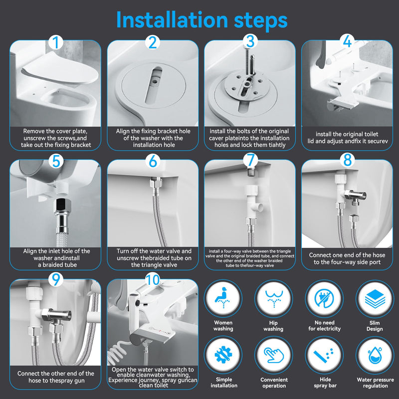 3-in-1 Bidet Attachment with Handheld Sprayer for Toilet, Ultra-Slim Non-Electric Cold Water Bidet, Dual Nozzle (Feminine/Rear Wash) with Adjustable Water Pressure Control, White