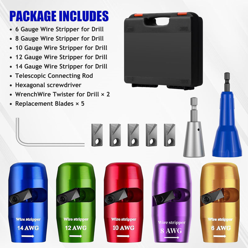 Wire Stripper Twister Tool for Drill, 2025 Upgraded Wire Stripping Tool & Wire Twisting Connector for Cutters 6-14 AWG, 8 In 1 Professional Electrician Twister Stripping with 5 PCS Blade