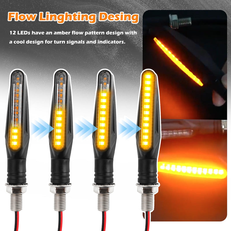 4PCS Motorcycle Turn Signals LED,Ultra-Bright 12 LED Front & Rear Motorcycle Blinkers with Sequential Flow Mode,Upgraded 12V Motorcycles Indicator Lights Motorcycles Parts