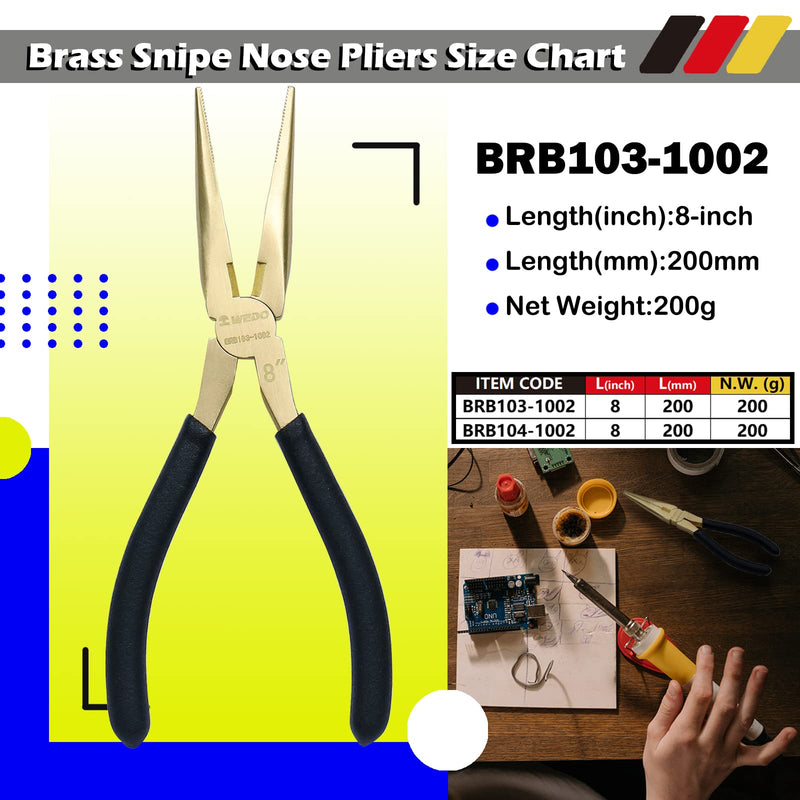 WEDO Brass Long Nose Pliers 8", with Non-Slip Handle, Snipe Nose Pliers, Length 200mm