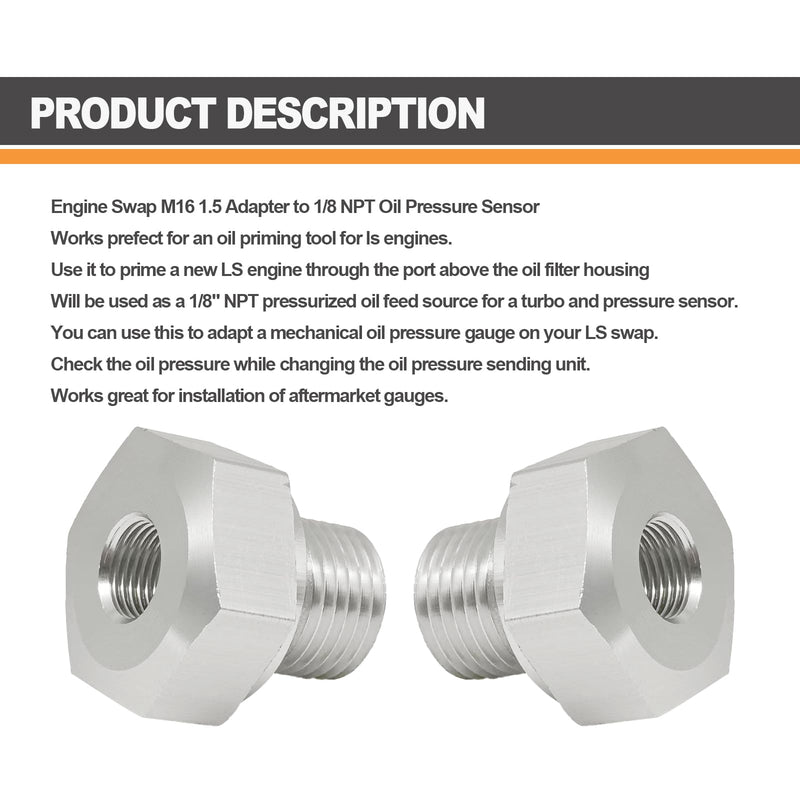 LS Engin Swap Oil Pressure Sensor Adapter, M16-1.5 Adapter to 1/8 NPT Oil Pressure Sensor Fitting for All GM LS Engines LS1 LSX LS3 4.2L 4.3L 4.8L 5.3L 6.0L 6.2L