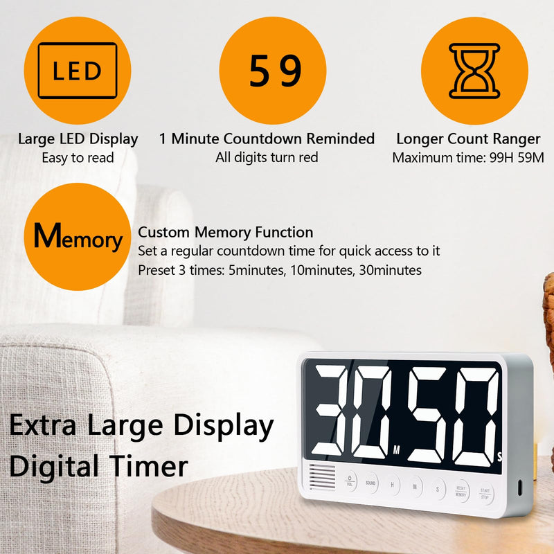 Digital Kitchen Timer with 7.1” Extra Large Display, Rechargeable Magnetic LED Countdown/Up Memory Timer with 6 Alarms & 4 Volume Levels for Cooking, Classroom, Office, Home Gym (Black) Black