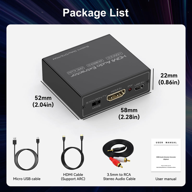 HDMI ARC Audio Extractor 4K60Hz HDMI to Optical/SPDIF 3.5mm AUX Audio Adapter Converter Splitter Support LPCM 5.1/DTS/DSD for Laptop/TV Box/DVD/PS5 BLACK