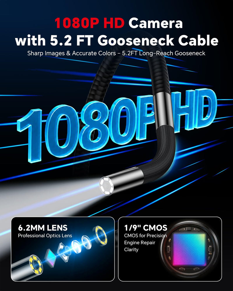 Two-Way Articulating Borescope, Phone Endoscope Camera with Light | 6.2mm Probe, 1080P HD, 5.3FT Cable, Ergonomic Design, Wide Phone Compatibility, for Automotive, Wall, Mechanics Inspection