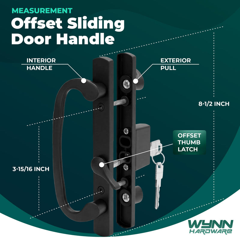 8.5" Legacy Sliding Patio Glass Door Offset Latch Black Handle Set with Keys - Sash Controls 2265 Keyed Lock - Fits 3-15/16" Screw Hole Spacing and 1-1/4" to 2-1/4" Door Thickness