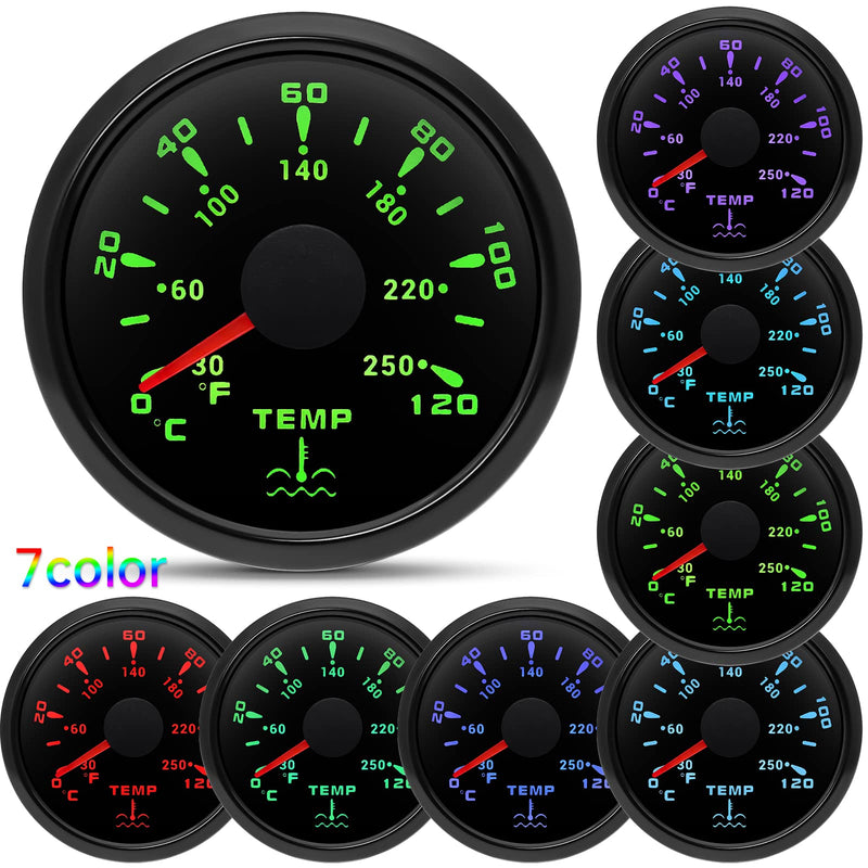 ARTILAURA Water Temp Gauge 7 Color 2-1/16" 52mm AUTO Water Temperature Meter 30-250℉ / 40-120℃ (All Black) Water Temp F