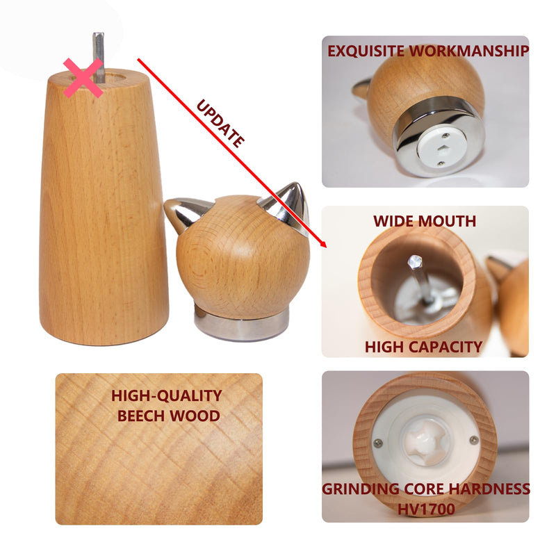 Manual Pepper Mill & Salt Grinder - Wood Adjustable Refillable Pepper Mill with Cat Design,Cute Kitchen Gift with Handle (7.6" Height)