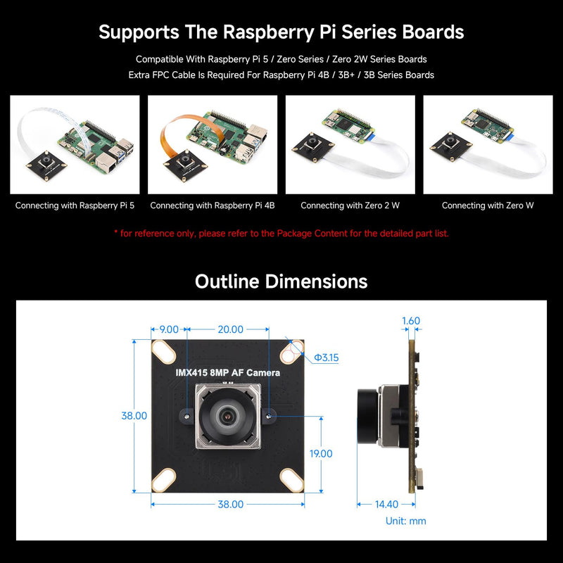 Waveshare IMX415 8MP MIPI Camera Module, Autofocus, 95.5° D-FOV, Distortion-Free, Compatible with Raspberry Pi 5 / 4B / 3 / Zero