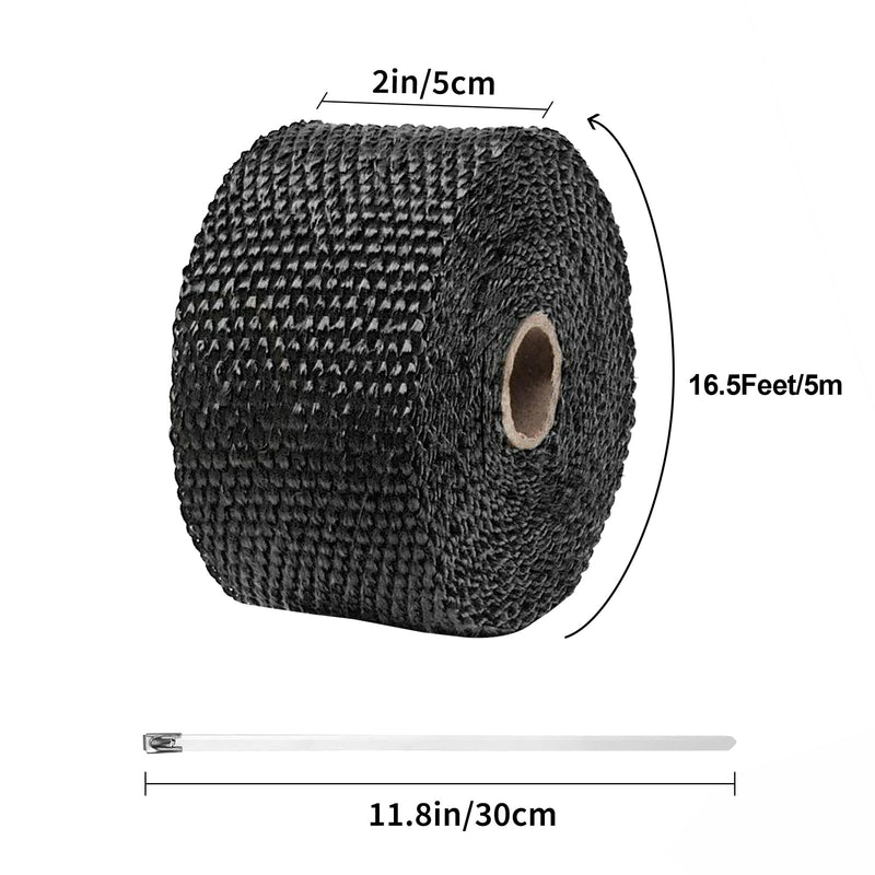 Exhaust Heat Wrap,2”x 16 Ft, Motorcycle Fiberglass Heat Shield Tape With Stainless Ties, Black Black 2''x16'