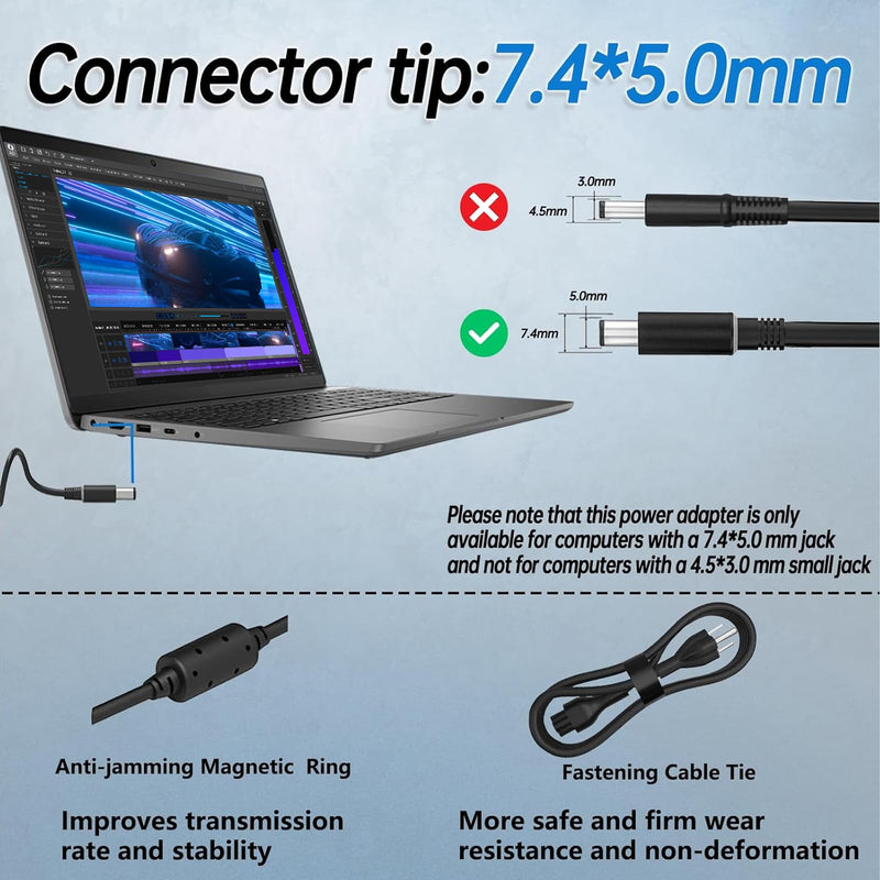 65W Watt 7.4mm fit for Dell Latitude Laptop Charger 5400 5480 5490 5500 5580 5590 7280 7290 7480 7490 E5470 E6420 E6430 E6540 LA65NM130 AC Adapter (Power Supply) with Power Cord
