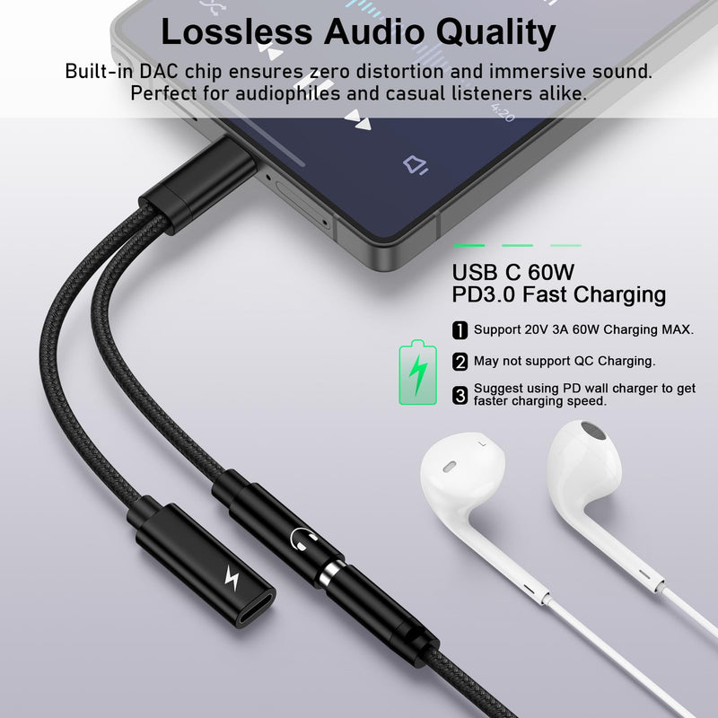 USB C to 3.5mm Headphone Charger Adapter USBC Splitter 2 in 1 Dongle Cable | Fast Charging Aux Audio Jack Adapter for Samsung Galaxy S26 Ultra A37 A17 A36 A27 A57 S25FE A16 A54 S24,iPhone 17 16,Pixel 10