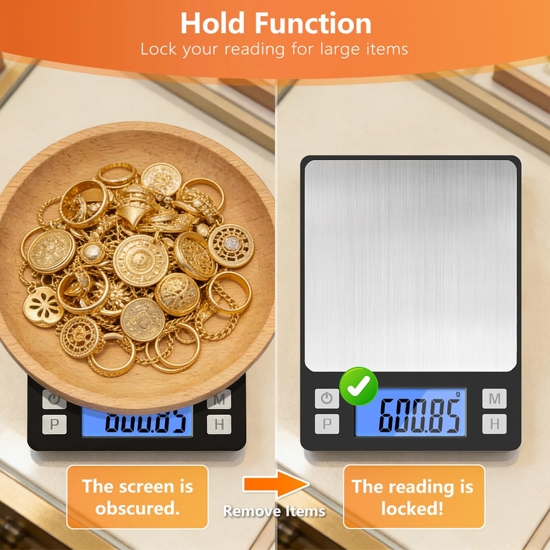 BOMATA 0.01g High Precision Jewelry Scale, 1000g Digital Gram Scale with Hold, Tare & Counting Function, Small & Portable Design for Gold, Bullion, Coins, Gemstones & Crafts, Black
