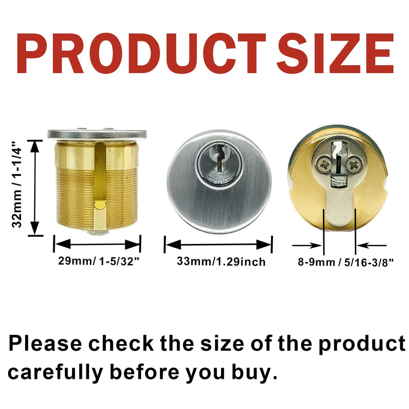 2 Pack Brass Mortise Door Cylinder Lock, 1-1/4" Inch Length Keyed Standard SC1 Keyway, Door Replacement Lock Cylinder with 2 Keys Suitable for Home and Commercial Use (Sliver). Sliver