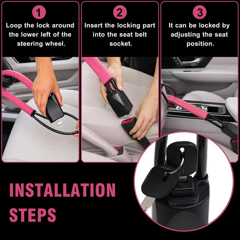 Car Steering Wheel Lock, High-Strength Steel Cable Car Seat Belt Lock, Theft Prevention with 2 Keys for Car Security Fit Most Vehicles Truck SUV Van (Pink) Pink