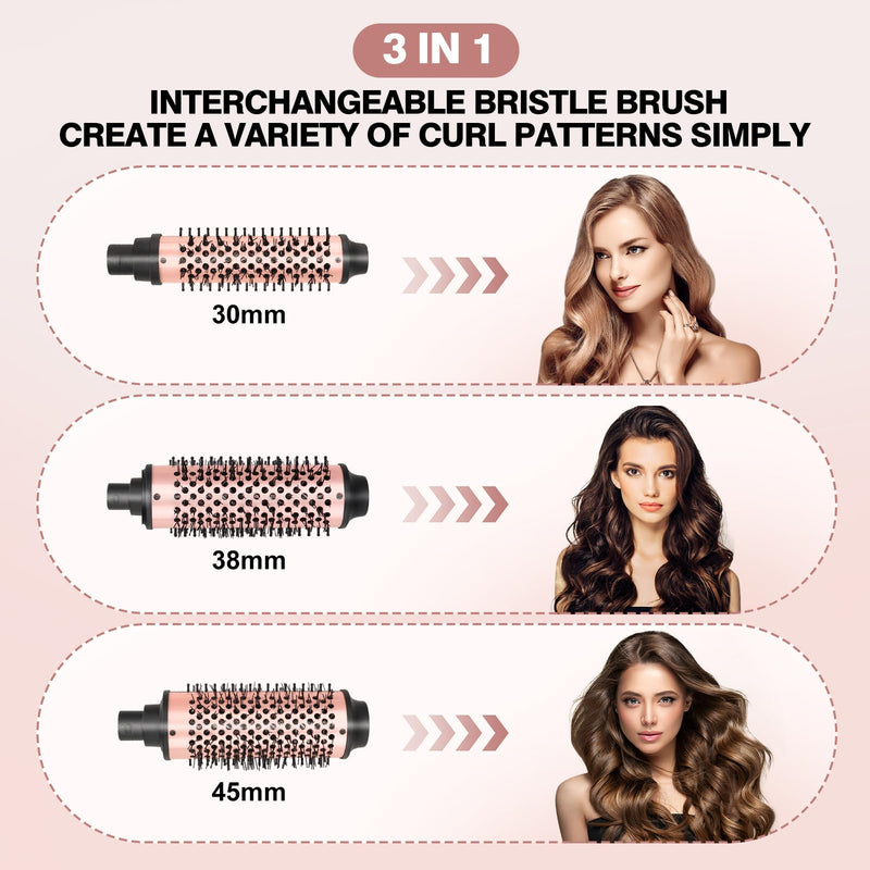 Thermal Brush Set, 3-in-1 Non-Blowing Heated Round Brush with Adjustable Temp, Fast Heating Titanium Ceramic, Dual Voltage, Hair Curling Iron with Detachable Barrels (30/38/45mm)