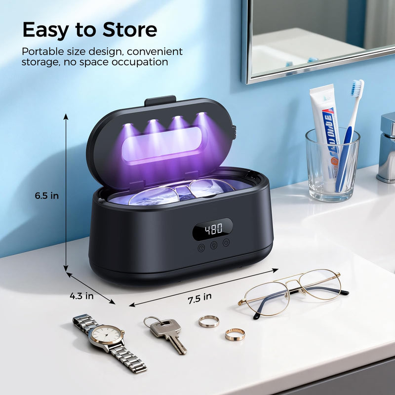 Ultrasonic Jewelry Cleaner, 50KHz Ultrasonic Cleaner Machine, Dual Modes & LED Display, 5 Cleaning Modes, 24W Sonic Cleaner for Jewelry, Eyeglasses, Watches, Rings, Watch Strap,Dentures Black