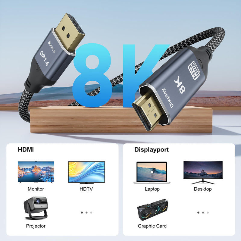 8K DisplayPort to HDMI 2.1 Cable 10FT 8K@60Hz 4K@120Hz Uni-Directional DP (Source) to HDMI (Display) Braided Cord DP to HDMI Compatible with PC, Dell, AMD, Lenovo, Monitor, HP 10 Feet