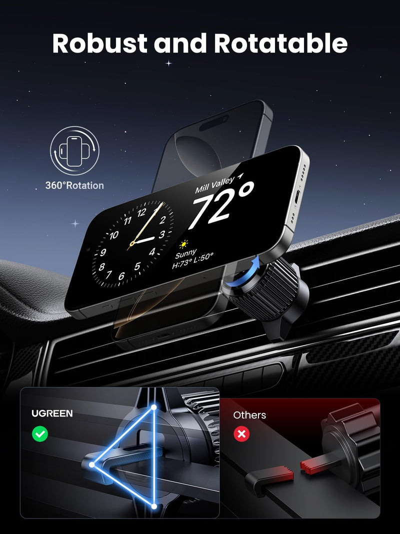 UGREEN Qi2 15W Magnetic Wireless Car Charger Mount | Auto-align, Air Vent Mount, LED Lights, Strong Magnetic Car Phone Holder for iPhone 17/16/15/14/13/12 Series and More