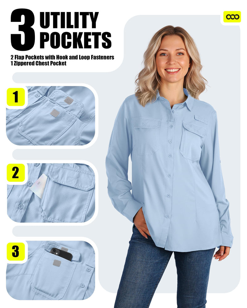 33,000ft Women's UPF 50+ UV Long Sleeve Sun Protection Safari Shirts Quick Dry Outdoor Fishing Hiking Travel Shirt Light Blue Medium