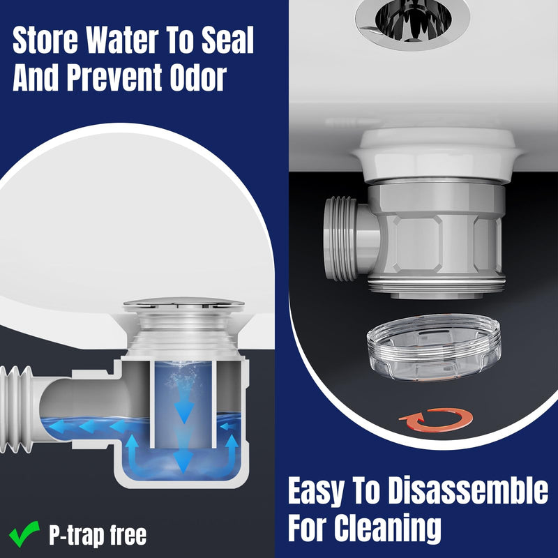 Bathroom Sink Drain Kit with Flexible Expandable Pipe: Odor-Free & Backflow-Preventing, Space-Saving Design without a P-trap, For 1-1/4'' & 1-1/2'' Drain Hole (Chrome, With Overflow) Chrome