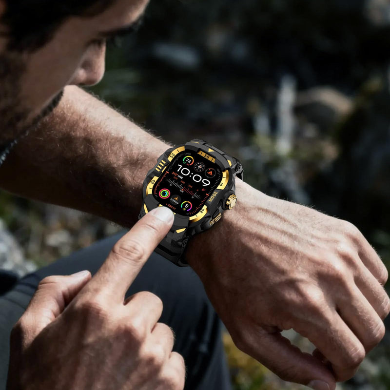 DABAOZA Rugged Case with Band Men Tactical Compatible with Apple Watch 49mm | Screen Protector Military Grade Shockproof Bumper Men Tactical Heavy Duty Strap,for iWatch Ultra 3/2/1,Black Gold 49MM Black/Gold