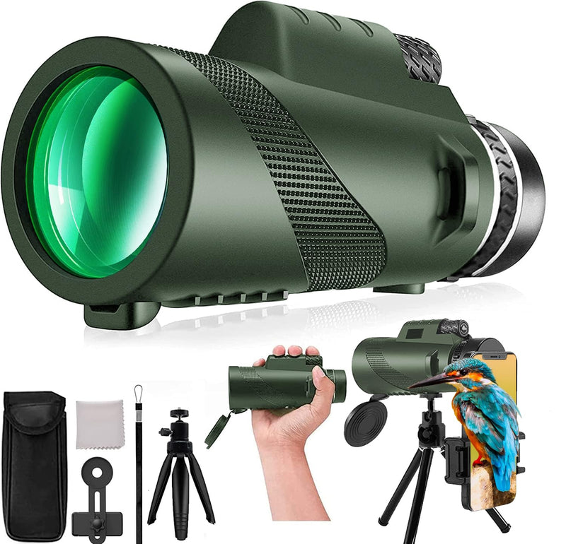 80x100 HD Monocular Telescope for Adults with Smartphone - High Power Monocular with Adapter Lightweight BAK-4 Prism Monoculars for Bird Watching Stargazing Hunting Camping Hiking Travel Green-mm