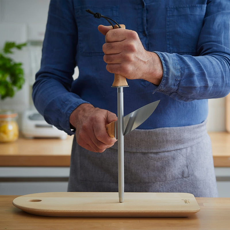 Opinel 10 Inch Honing Steel Sharpening Rod, Knife Sharpener for Kitchen Knives and Tools, Beech Wood Handle, Leather Lanyard