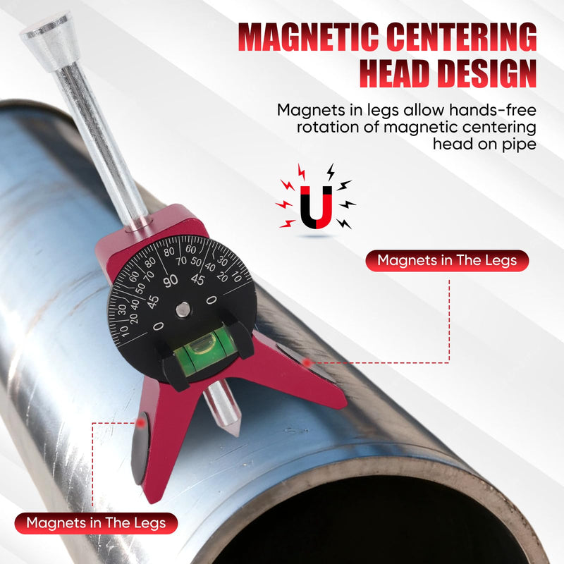Magnetic Pipe Center Finder Tool, Y-Shape Pipefitter Gauge with Adjustable Bubble Protractor, Fits 0.5" to 4" Pipes, 2.75" Centering Head for Accurate Layout