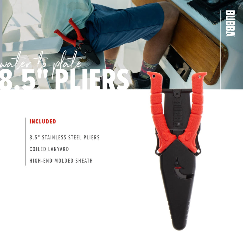 BUBBA 8.5" Stainless Steel Pliers with Non-Slip Handle, Spring Loaded with Crimping Tools and Anvil Cutters Lanyard Hole and Sheath 8.5" Pliers