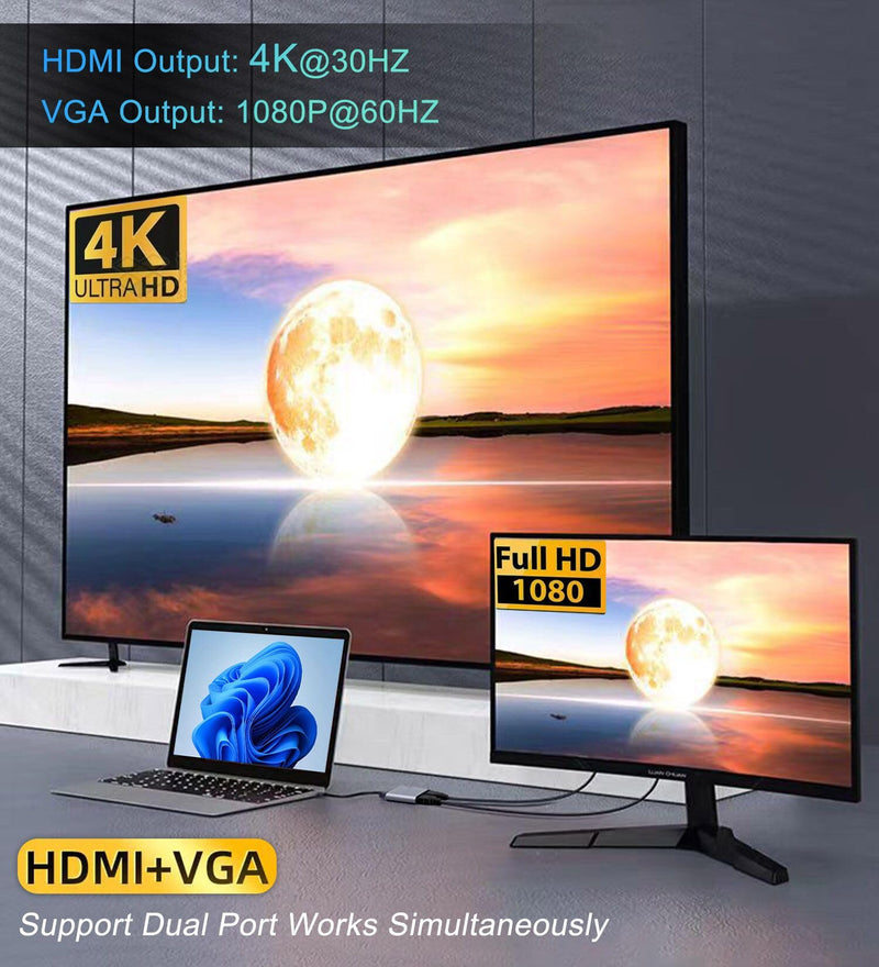 VIENON USB C to HDMI VGA Adapter for Dual Monitor, 4 in 1 USB C Hub with 4K HDMI, 1080P VGA, USB 3.0 5Gbps, 100W PD Compatible for MacBook Air/Pro, Dell XPS, Surface, iMac More