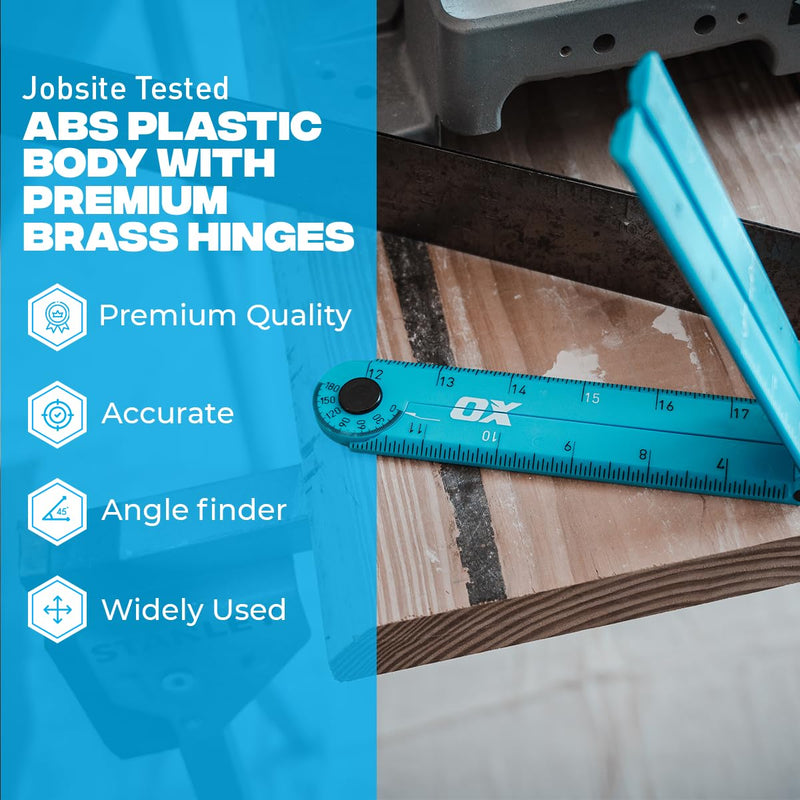 OX Tools Pro 24 Inch Cyan Imperial Tuff Construction Ruler with 3 Quick Measure Sections & Easy Angle Finder