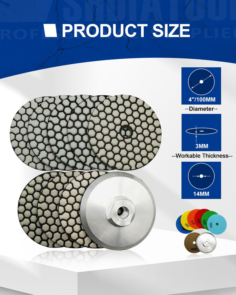 SHDIATOOL Dry Diamond Polishing Pads 4 Inch Set of 7 Pieces Plus Alu Backer for Granite, Marble, Stone Sanding and Grinding Mixed Grits+Alu backer