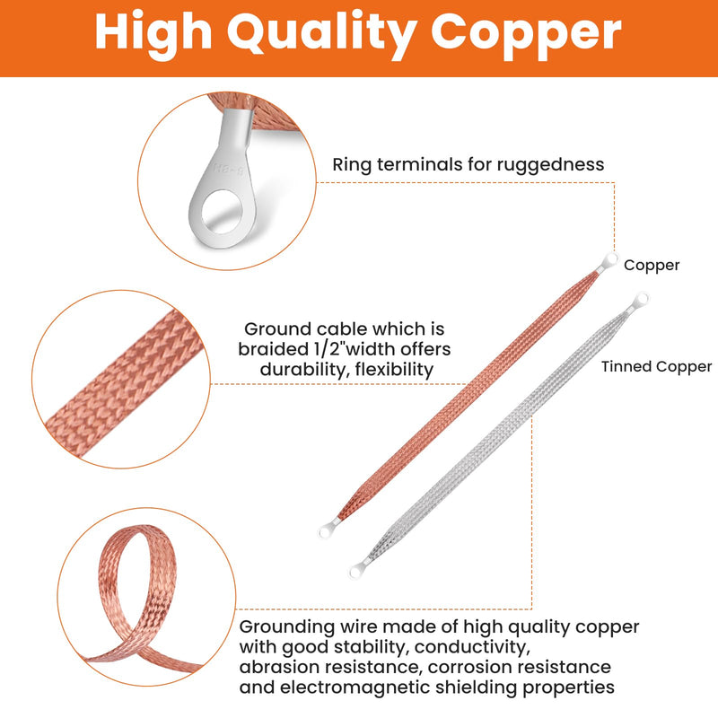 18 Pcs Ground Straps Automotive, 10/15/20 Inch Universal Engine Ground Wire Strap Kit with Ring Terminals, Vehicle Copper Tinned Copper Braided Grounding Cable Strap for Most Cars