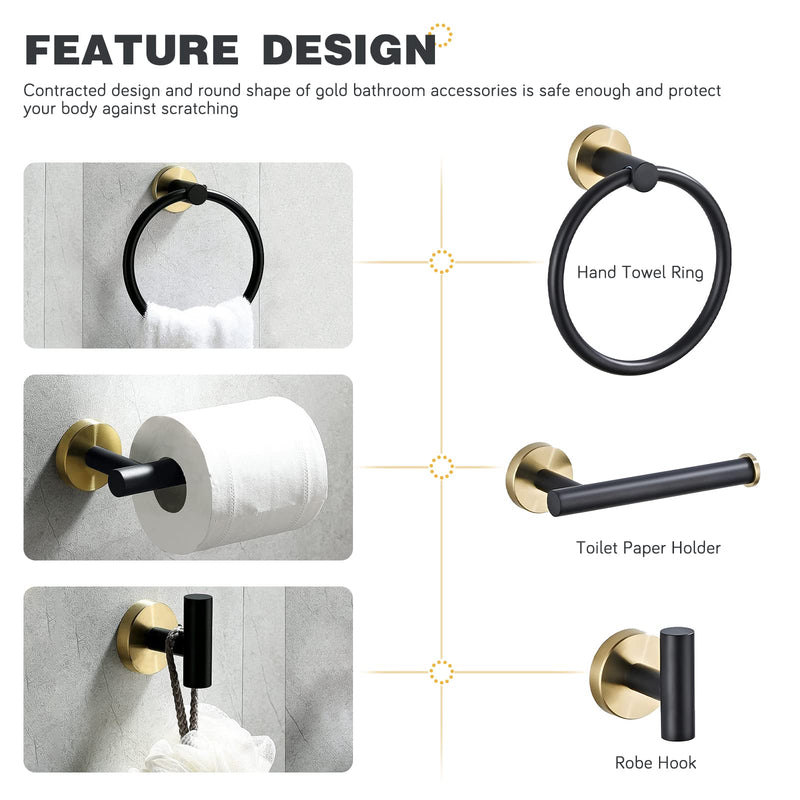 Bathroom Hardware Set 3 Piece Black&Gold Wall Mounted Stainless Steel Hardware Towel Bar Set Gold Bathroom Accessories Towel Rack Set Kit Includes Hand Towel Ring, Toilet Paper Holder, Robe Hook 3-piece Style 1