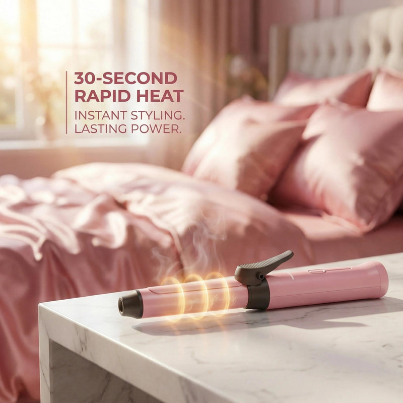 Mini Cordless Curling Wand - Rechargeable Travel Curling Iron with 3 Temperature Levels, Fast Heating & Ceramic Coating Perfect for Short & Medium Hair (Pink)