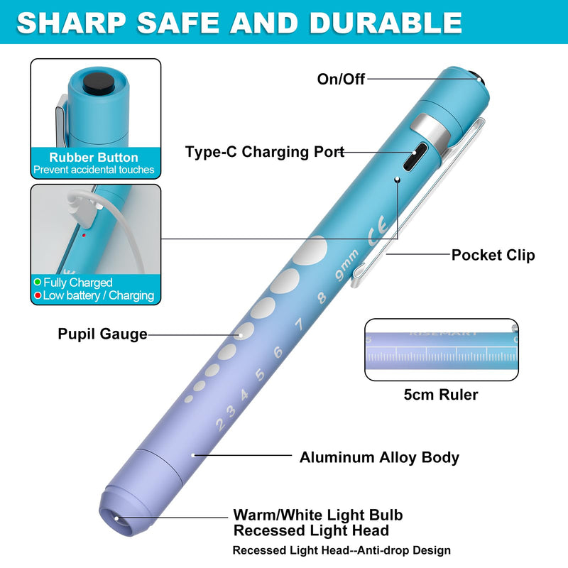 RISEMART Rechargeable Pen Light for Nurses with Trauma Shear, Nurse Scissors and Pen Light Set, 7.5" Medical Scissor and 2 LED Sources Penlight, Nursing Student Essentials (Blue+Blue) Blue+Blue