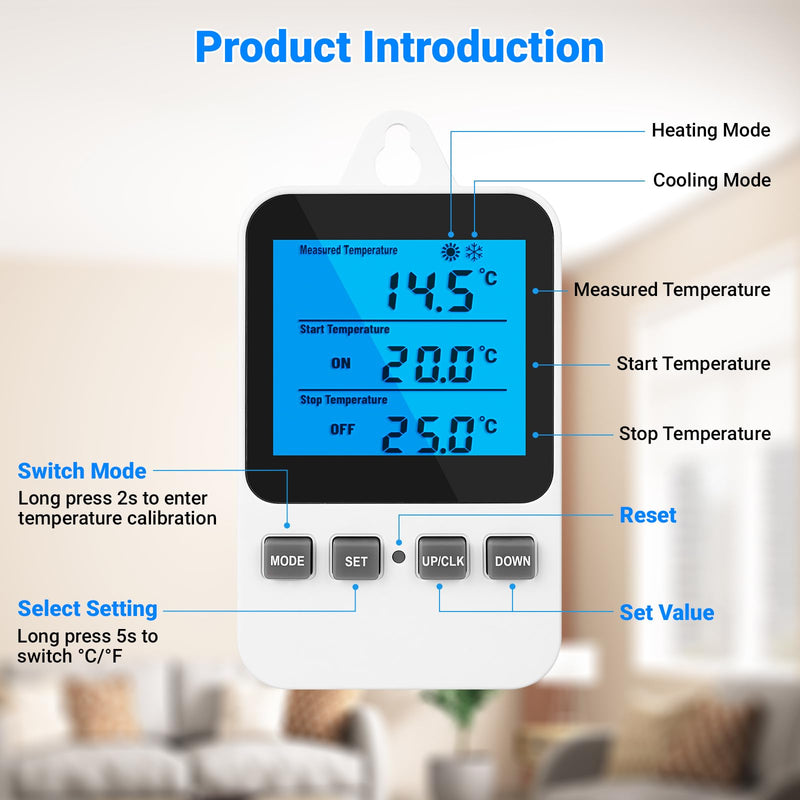 Temperature Controlled Outlet Thermostat Plug 120V Heating Cooling Control Timer Thermostat Outlet Backlit Display Digital Temperature Controller Tc810