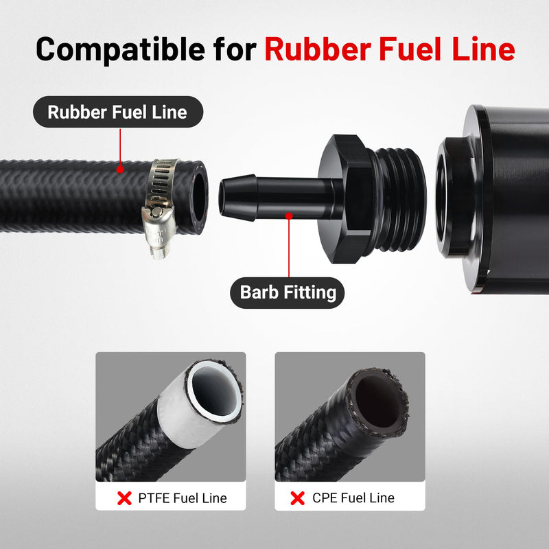 EVIL ENERGY Inline Fuel Filter 10 Micron with Barb 1/2", 3/8", 5/16" Fitting Adapter, Bracket Clamp 50MM Universal Aluminum Black for Gasoline, Diesel, Rubber Fuel Line
