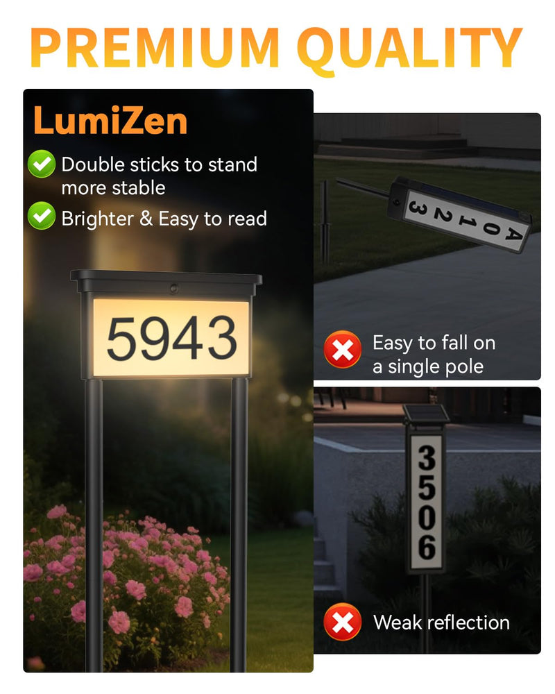 LumiZen New Upgraded Solar Address Sign,Double Sided Glow House Numbers with Auto On/Off, 3-Color Lighting Modes Mailbox Number Plaque Waterproof, Dual Stakes for Home Yard Driveway Black-3M 3 LIGHT MODES