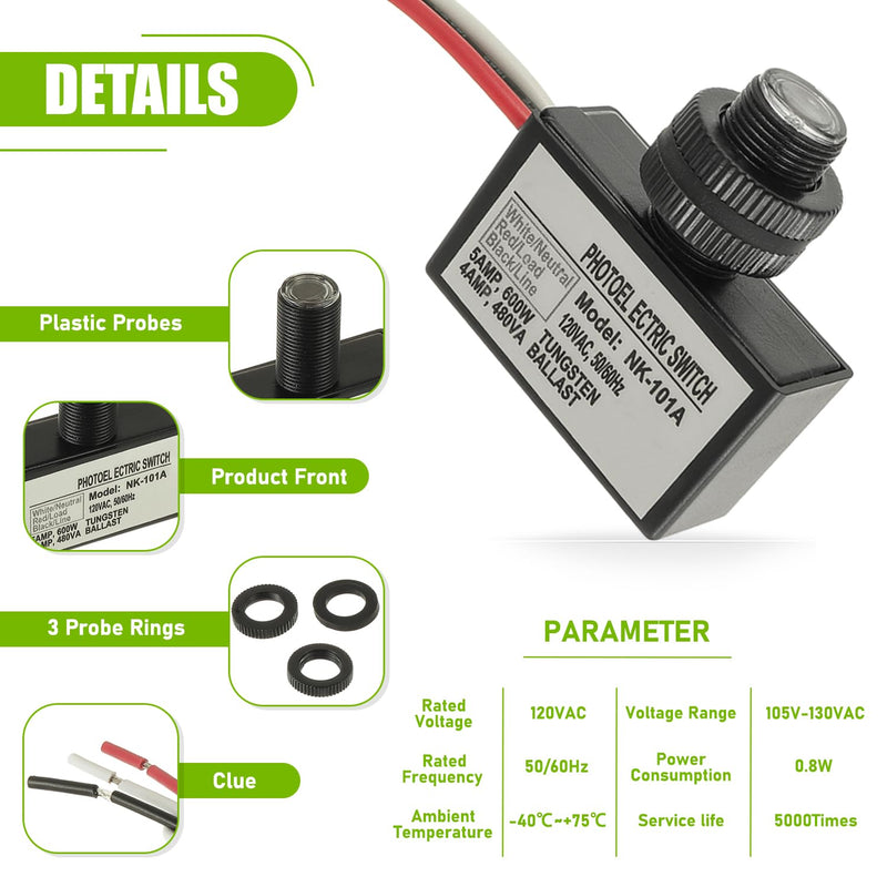 105V-130V AC Photocell Light Sensor Light Control Sensor Photoelectric Switch Dusk to Dawn Sensor with Automatic Illumination Detection Circuit for Outdoor Lighting Photoelectric Switch,2 Pack 2 Pack