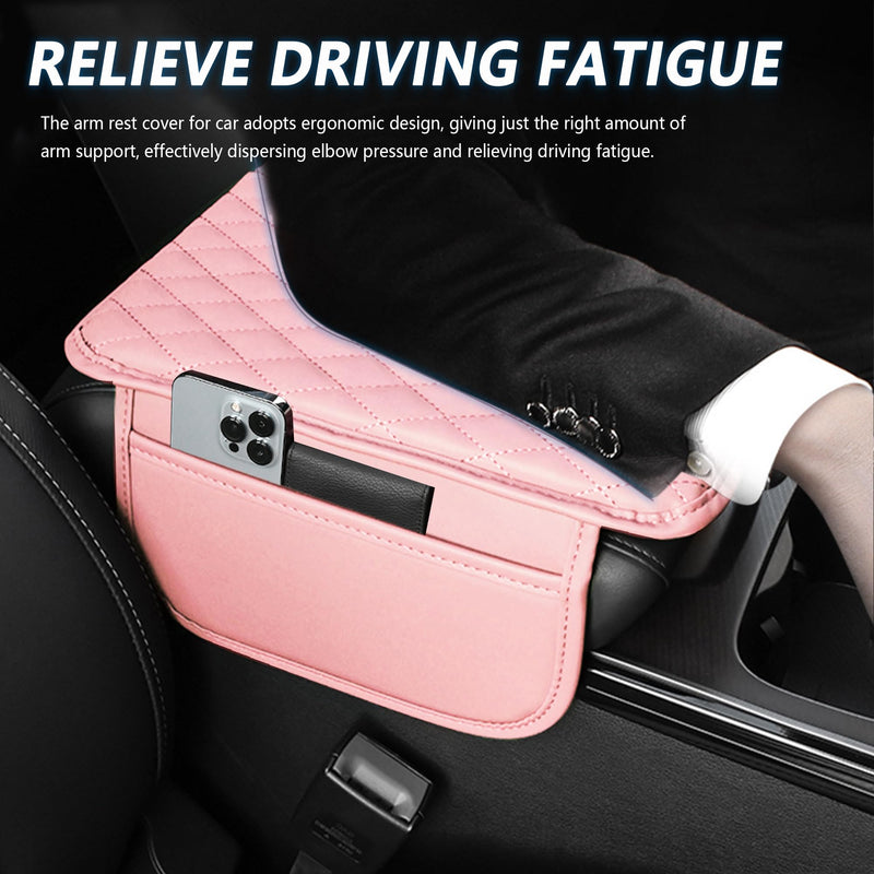 Upgraded Car Center Console Cover,Microfiber Leather Car Armrest Cover Cushion with 2 Storage Bags,Universal Car Armrest Storage Box Car Interior Accessories for Most Cars (Pink) Pink