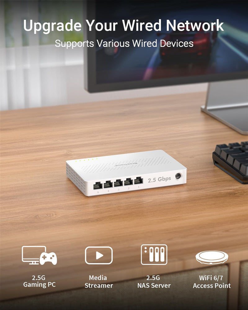 BrosTrend 5 Port 2.5GB Switch, 2.5 Gigabit Unmanaged Ethernet Switch, Fanless Plug & Play + 2.5Gb Network Card, PCIe Ethernet Card with Extra Low-Profile Bracket for Windows, Both Lifetime Protection