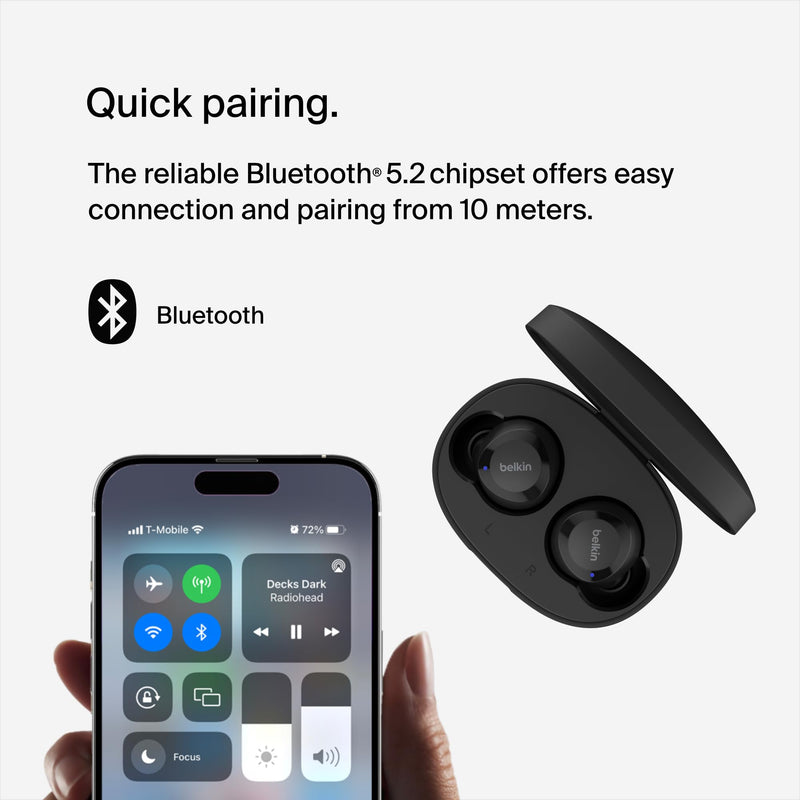 Belkin SoundForm Bolt True Wireless Earbuds, Wireless Charging, 28H | In-ear Bluetooth earbuds, IPX4 sweat resistant, USB-C and Qi charging case, mono mode, gym, commute, travel Black